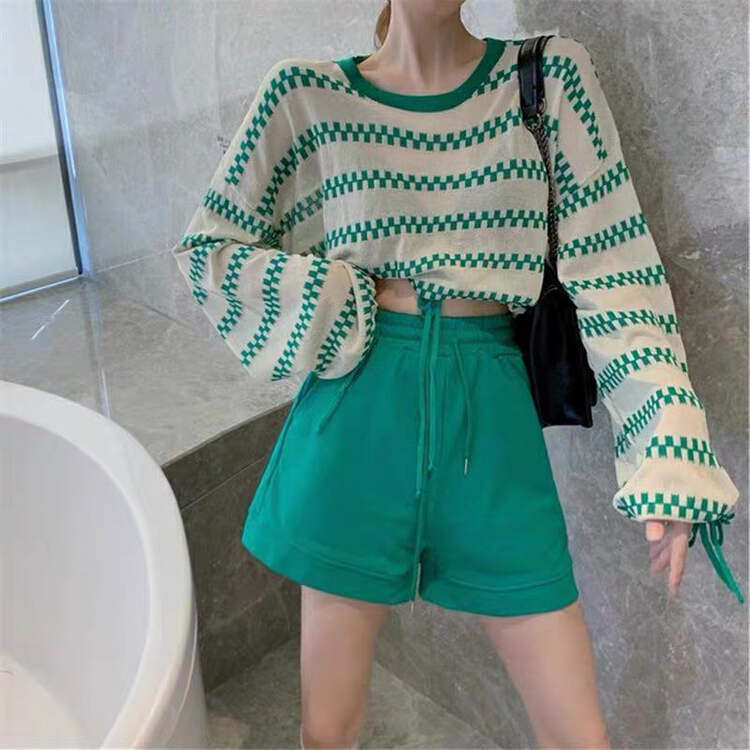New in early summer! [jun.t] striped comfortable sweater + slim casual Shorts Set 5882# PCZ
