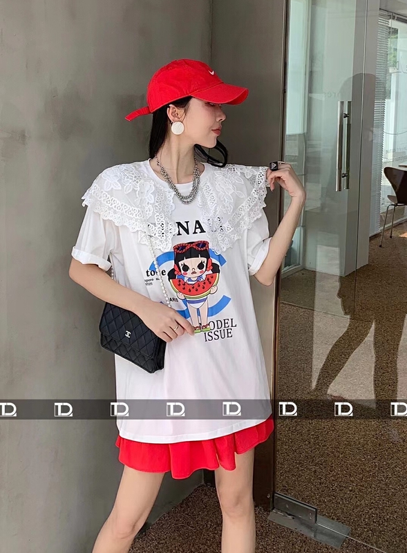 [tangdou original] Korean printed lace stitched short sleeve T-shirt 9651# WTT