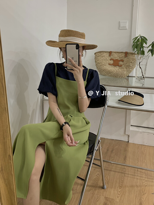 [y.jia Yijia] simple round neck bubble sleeve blouse + versatile suspender dress set 3352# PCZ