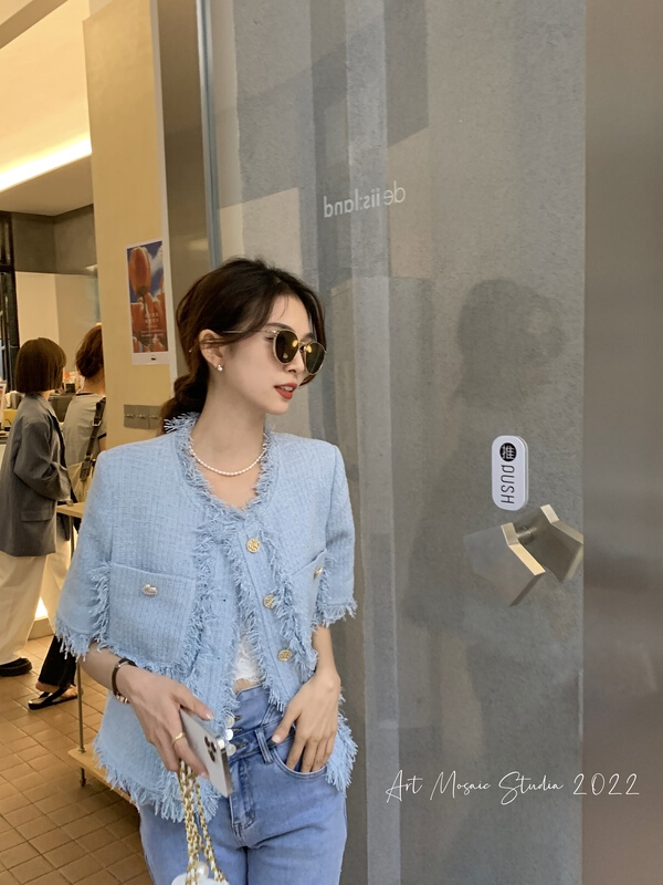 [retain] xiaoxiangfeng round neck single breasted hairline design short sleeve short coat 229003# WPL