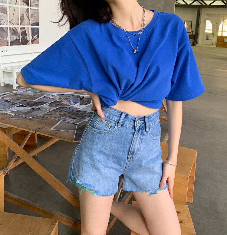 New in early summer! [1980] Korean lace simple and versatile denim shorts 2c65098# zyh