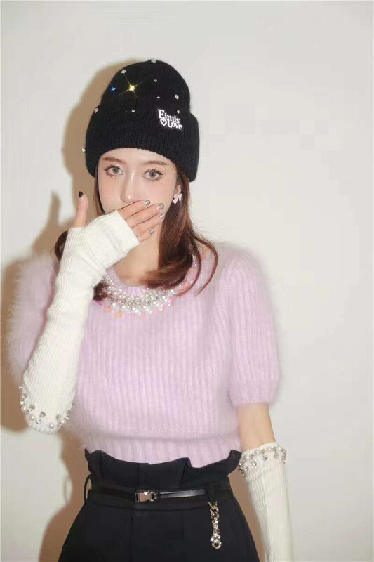 [x · h studio] heavy industry nail bead pink short warm sweater 68023# ozq