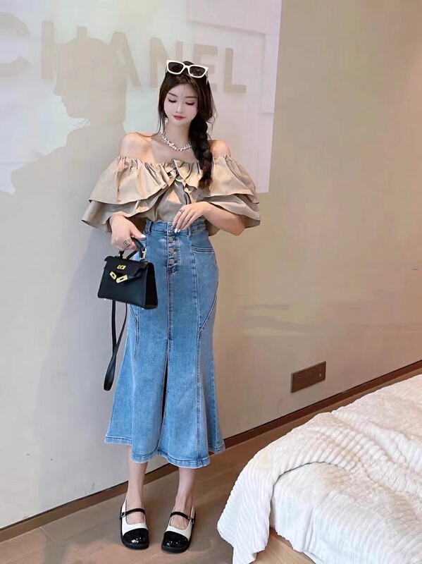 New in early summer! [JH] net red Ruffle short sleeved top ➕ Wash denim fishtail skirt set (only set) 41428# PCZ