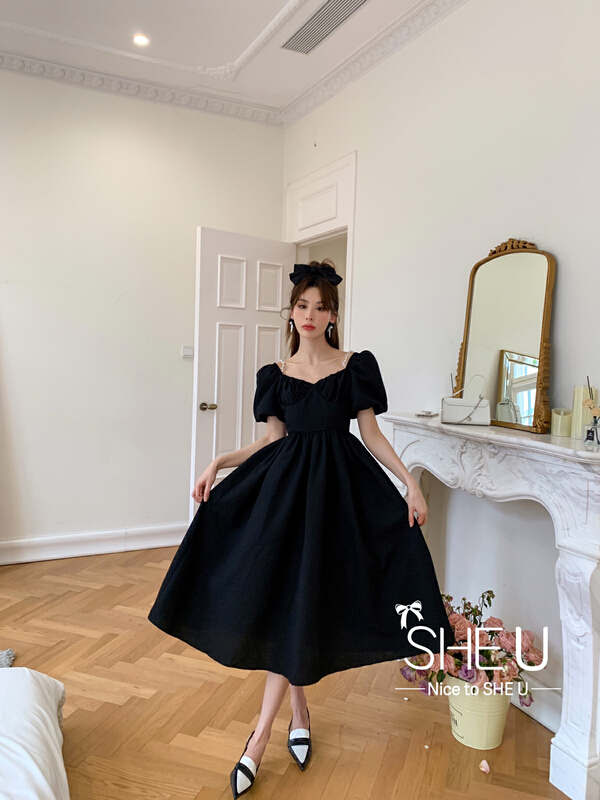 初夏上新!【SHE U】法式泡泡袖露肩連衣裙  C58166#  CQW