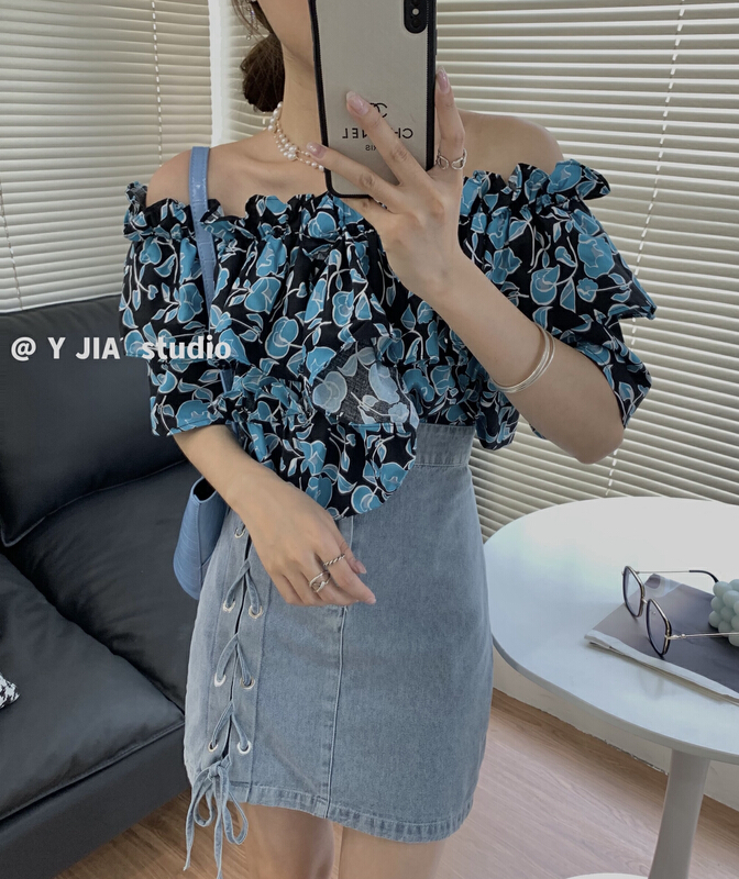 goods in stock! [y.jia Yijia] floral one shoulder blouse + design strap denim skirt set 8955# PCZ