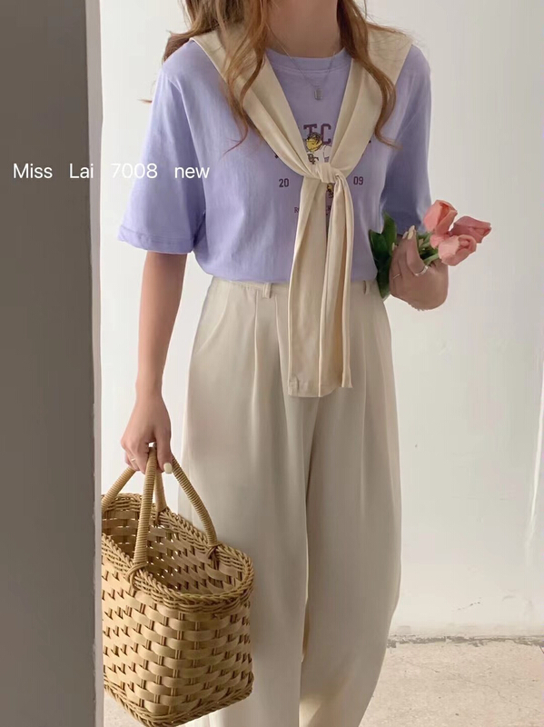 [HH & miss Lai] Korean cartoon printed loose short sleeve T-shirt (with detachable shawl) 7008# L