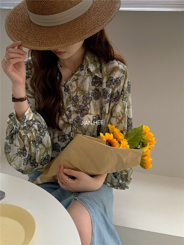 New in early summer! [Jian hee] floral breasted pleated shirt 2273# ozq