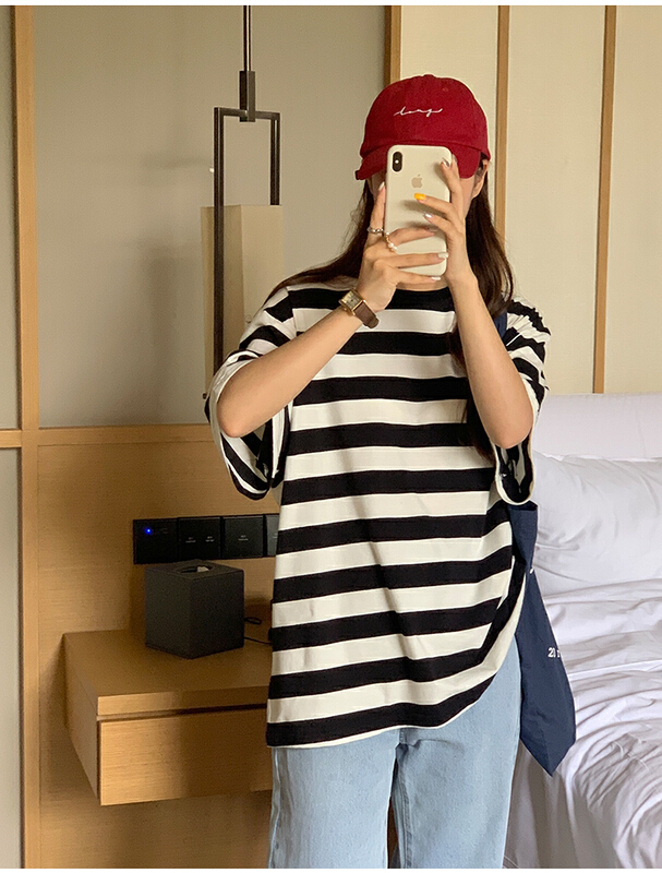 [the mind] Korean style round neck stripe short sleeve T-shirt 60329# XYJ