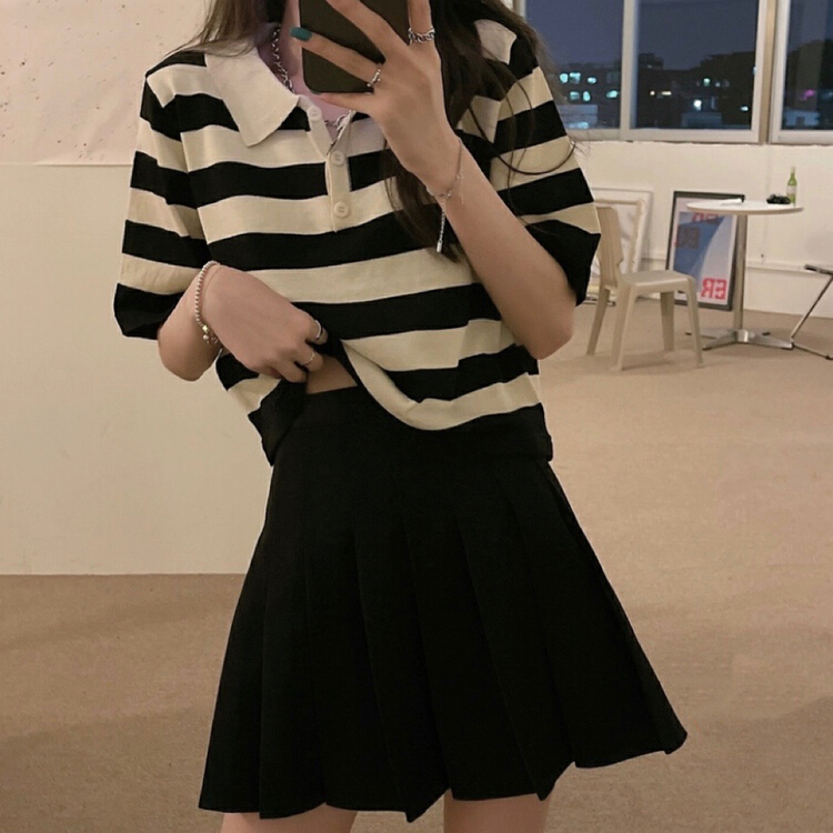 【MOCO 莫可】條紋POLO衫+減齡半身裙兩件套裝  1589#  PCZ