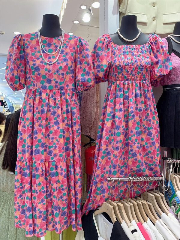 goods in stock! New in early summer! [my queen] bubble sleeve round neck contrast print dress 9951# zxx