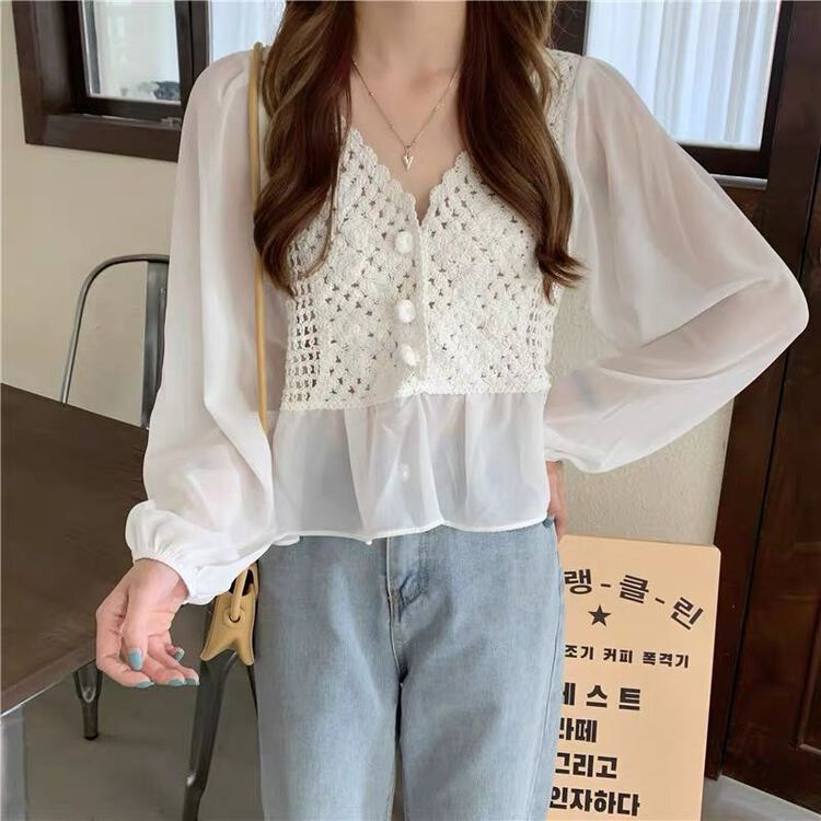 [fat woman's family] Korean Chiffon stitched Crochet design small shirt 1976# HBx