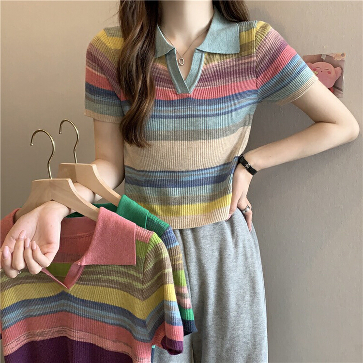 [f · P] Korean stripe contrast short sleeved T-shirt k305# HBx