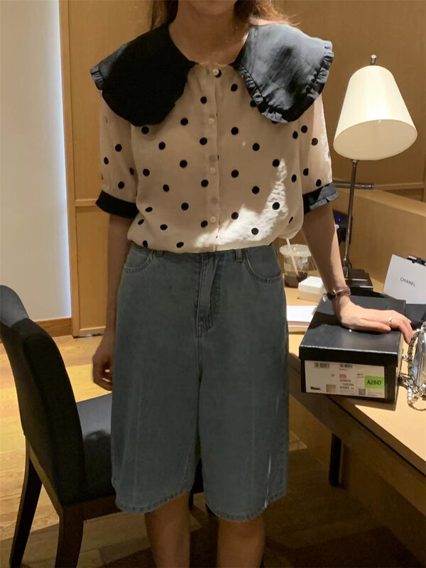 [Sicily] contrast flocking Polka Dot breasted blouse 3205# XJ