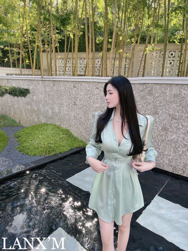 [lanxm] Satin waistband shows thin temperament Long Sleeve Dress (with waist rope) 16053# cqw