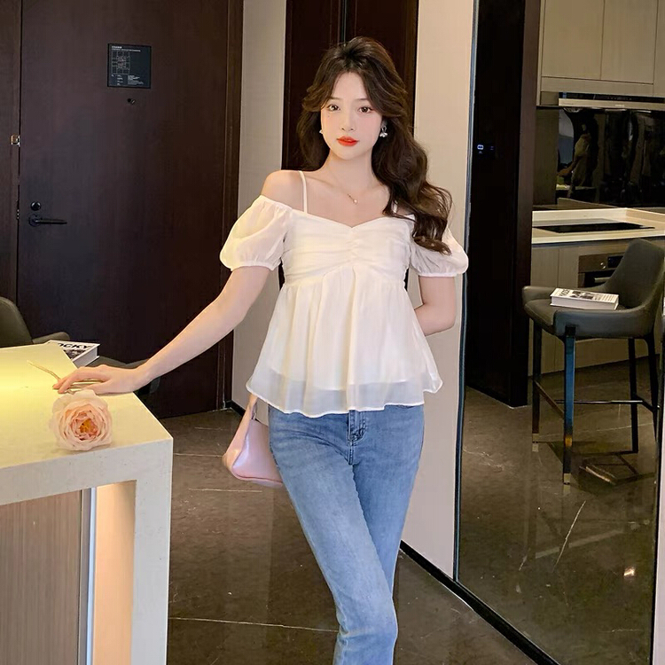 [Nancy] ins trendy French style square neck off shoulder blouse q22# WPL