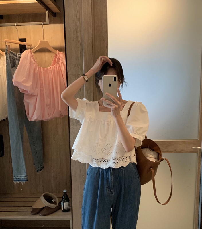 [y.jia Yijia] bubble sleeve hollow out doll small shirt small shirt 7301# PCZ