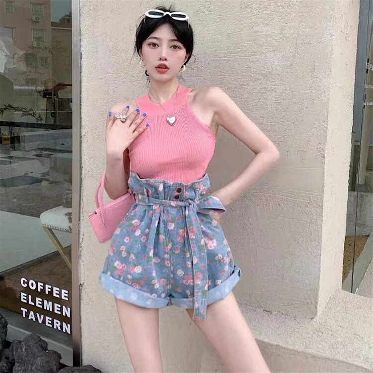 [a +] high waist Vintage flower loose denim shorts (with belt) 6613# ozq