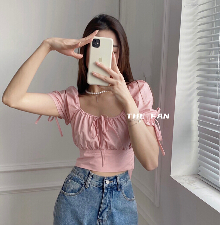 [the fan] open back bow tie lace up Pearl Chain blouse (with detachable chain) a93076# PCZ