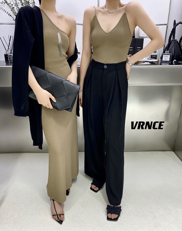 [Vince] design slant shoulder Vest + simple solid color Long Knit Skirt high sense suit 7223# XYJ
