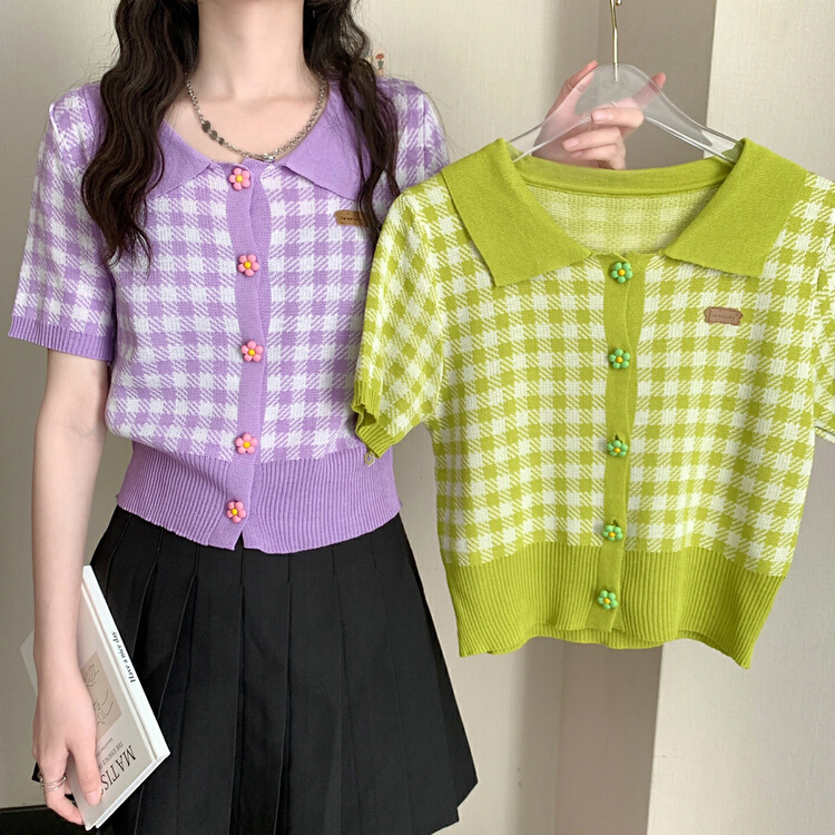 New in early summer! [f · P] Japanese sweet Plaid color matching sweater 2233# HBx