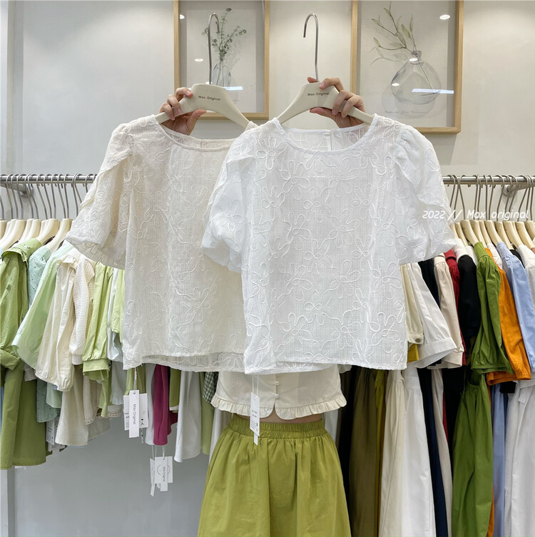 [Max original] crew neck embroidered bubble sleeve blouse 98209# HBx