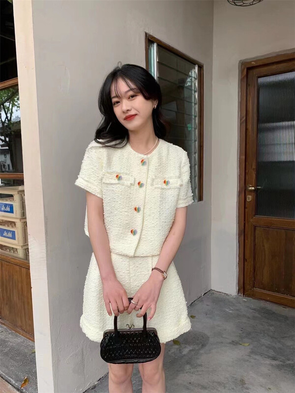 [big C studio] small fragrance woven foreign style short coat + slim casual Shorts Set 5079# PCZ