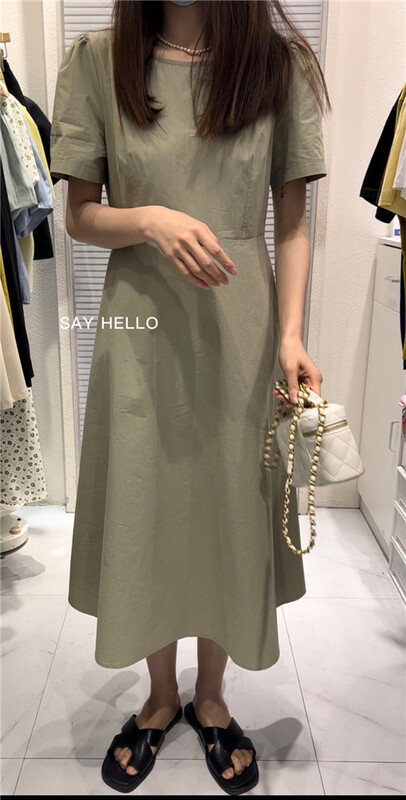 [sayhello] little woman round neck solid dress 20965# L
