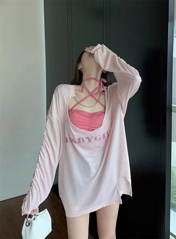 [goblin] Korean letter loose Pullover sunscreen shirt + hanging neck design vest suit (with detachable chain) 22160# PCZ