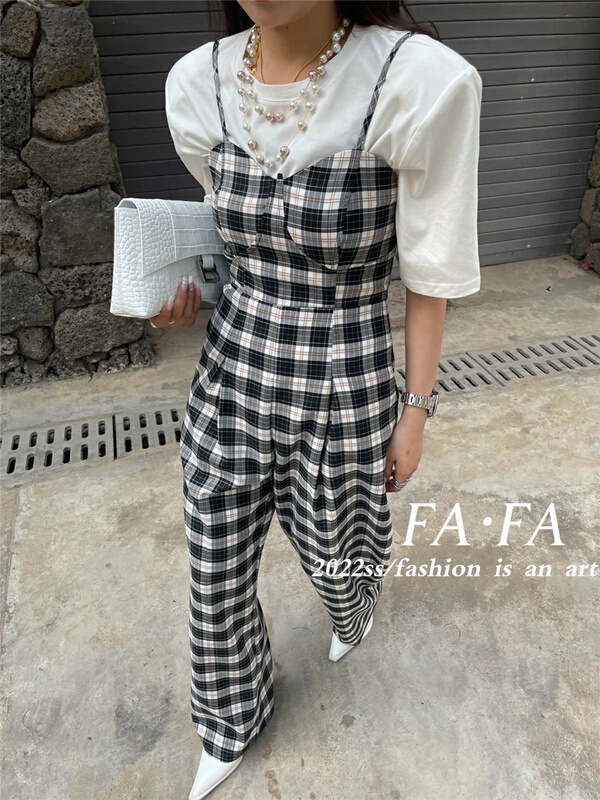 goods in stock! New year in early spring! [Fafa] Plaid wide leg suspender Jumpsuit 16820# zxl