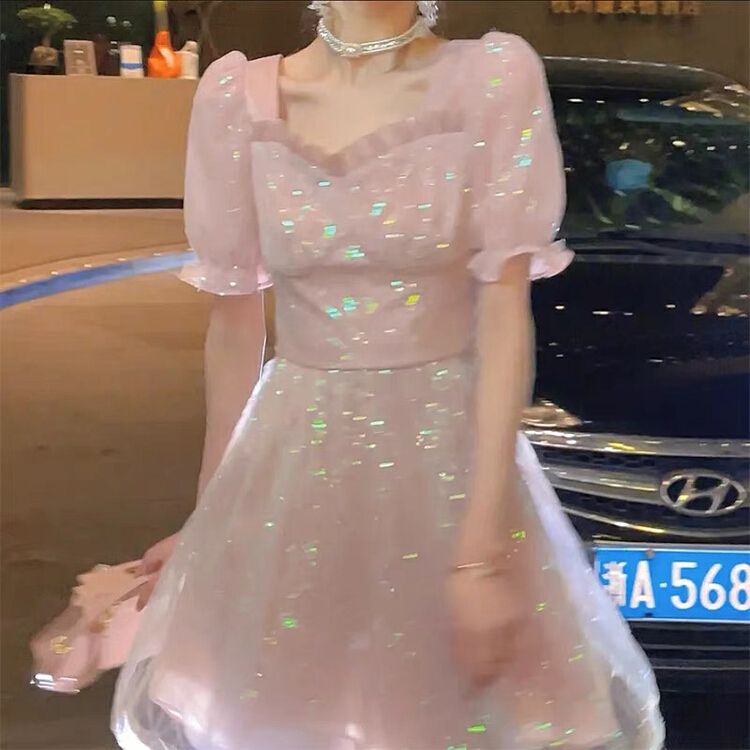 goods in stock! New in early summer! [Yingying new clothes] square neck bow tie bubble sleeve fine glittering bead Fairy Dress 7263# Cl