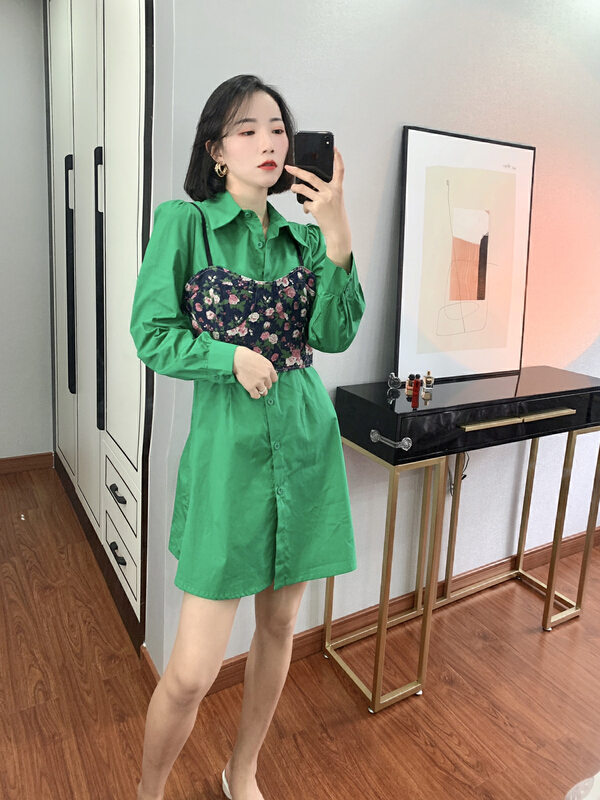 早春上新！【HH】簡約純色單排扣連衣裙+復古風印花背心韓系氣質百搭套裝  2210y#  LSL