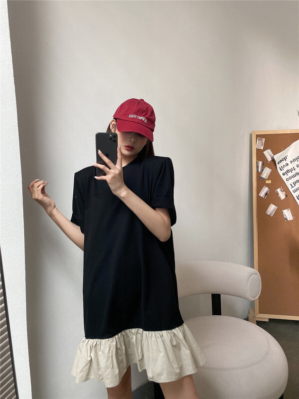 [modern 197] Korean color blocking Pleated Dress 7030# GYJ