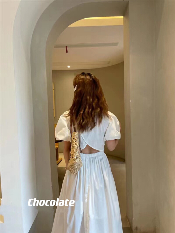 New in early summer! [chocolate] Korean bubble sleeve back hollowed out careful machine dress (without necklace) 20051# ll
