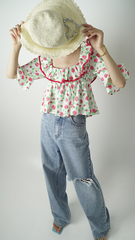 New in early summer! [d.two D2] Hepburn style lotus leaf collar back lace up blouse 2221063# CSX