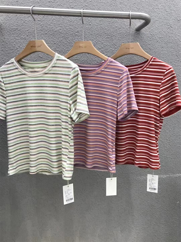 New in early summer! [miss LAN] simple and versatile stripe short sleeve T-shirt 10105# XJ