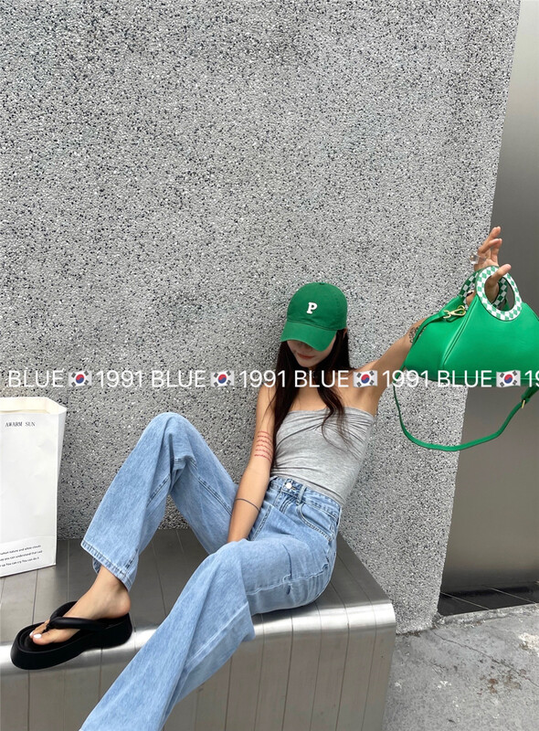 [blue] Korean version of baggy casual jeans with holes 1991# hjy