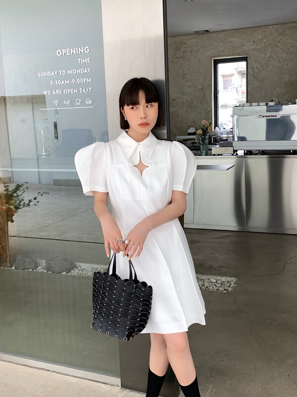 [pink Pinker] bubble sleeve solid color temperament waist closing dress 82518# LSL