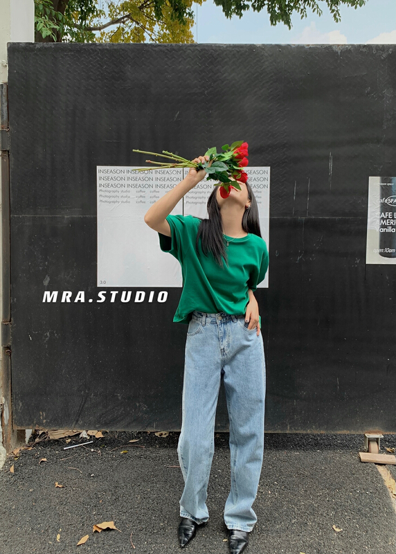 [MRA] side contrast stitching high waist straight jeans m1799# zxl