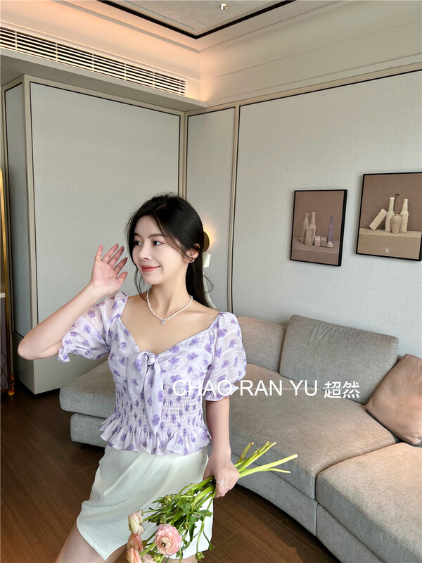 New in early summer! [Cr] French Floral Chiffon small shirt 6096# PCZ