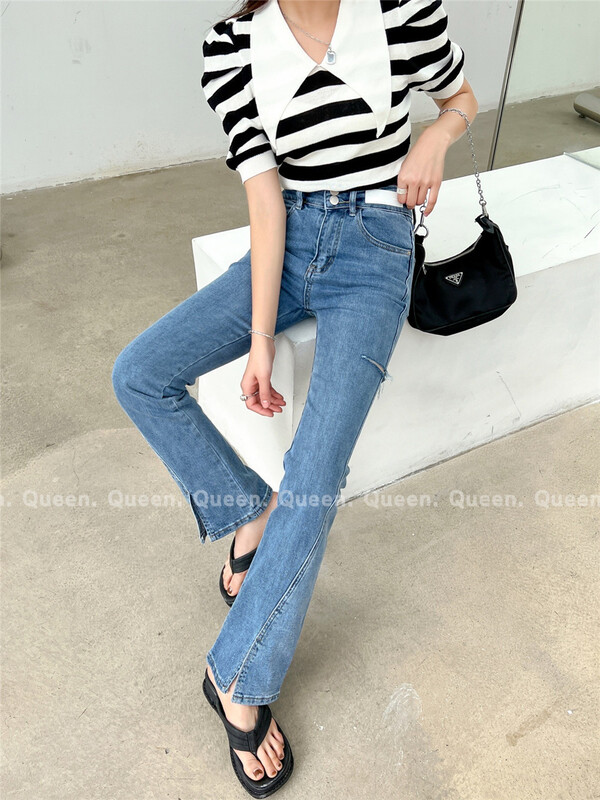 New year in early spring! [queen1] Korean small slit high waist micro horn jeans 555# lwy