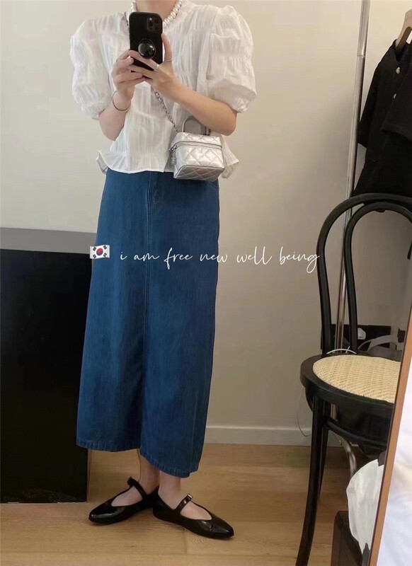 [free studio] Korean high waist medium length denim skirt 7008# hjy