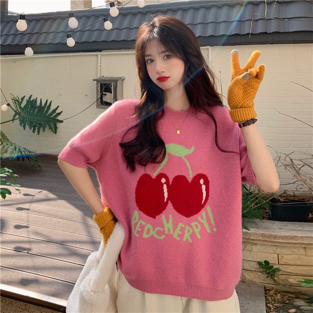 goods in stock! [aibaoden] cute and versatile crew neck cherry sweater 325# cqw