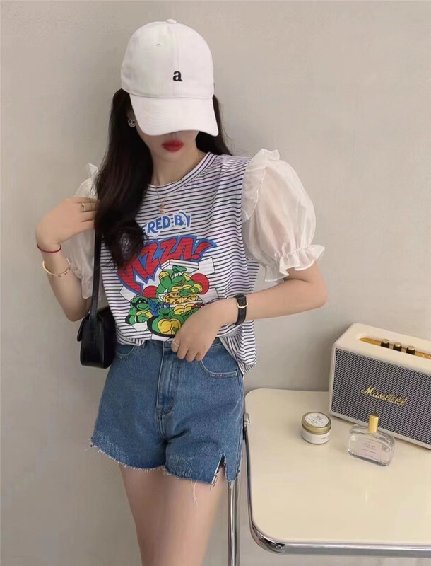[Naikan Nik] casual bubble sleeve stripe short sleeve T-shirt 9586# lwy