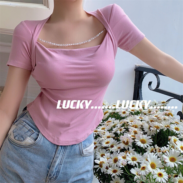 New in early summer! 【 lucky 】 Chic French shirt with chain exposed collarbone (with chain) 8636# zxx