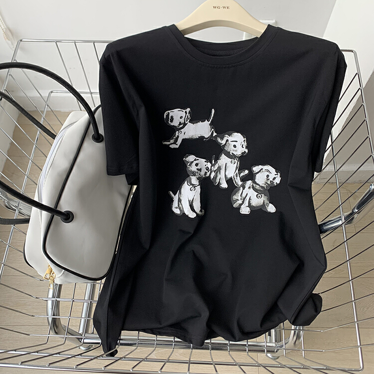[kakajia] Korean loose cute cartoon dog versatile round neck short sleeve T-shirt 2019# ozq