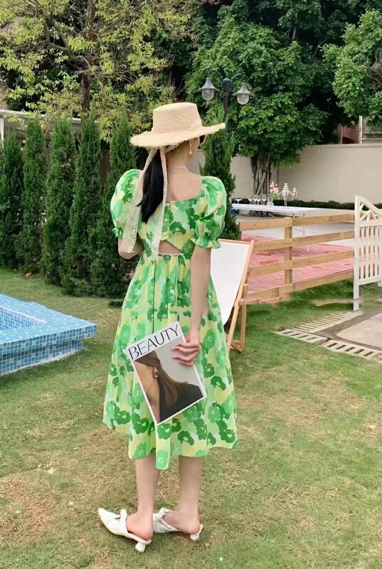 New in early summer! [JH] French square neck oil painting broken flower lantern sleeve medium long dress 41449# PCZ