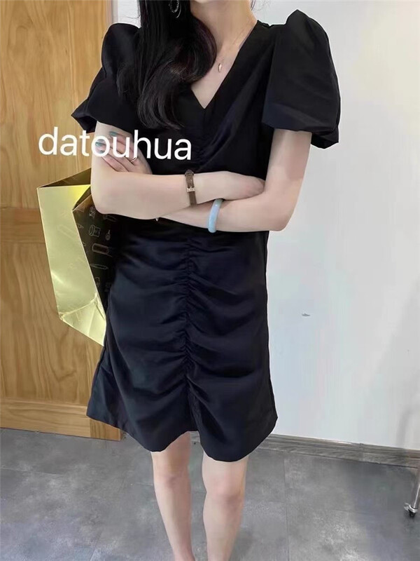 [the most] V-neck thin Pleated Dress 8857# HBx