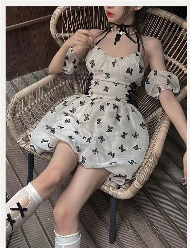[Heartbeat] little women's color matching butterfly print dress 4017# L