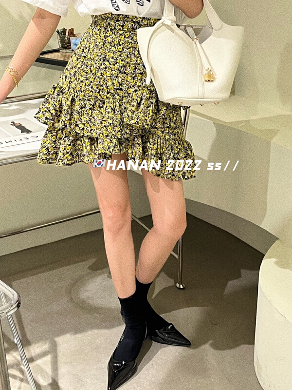 [Hanan] Korean version versatile temperament irregular floral slim skirt 6877# LSL