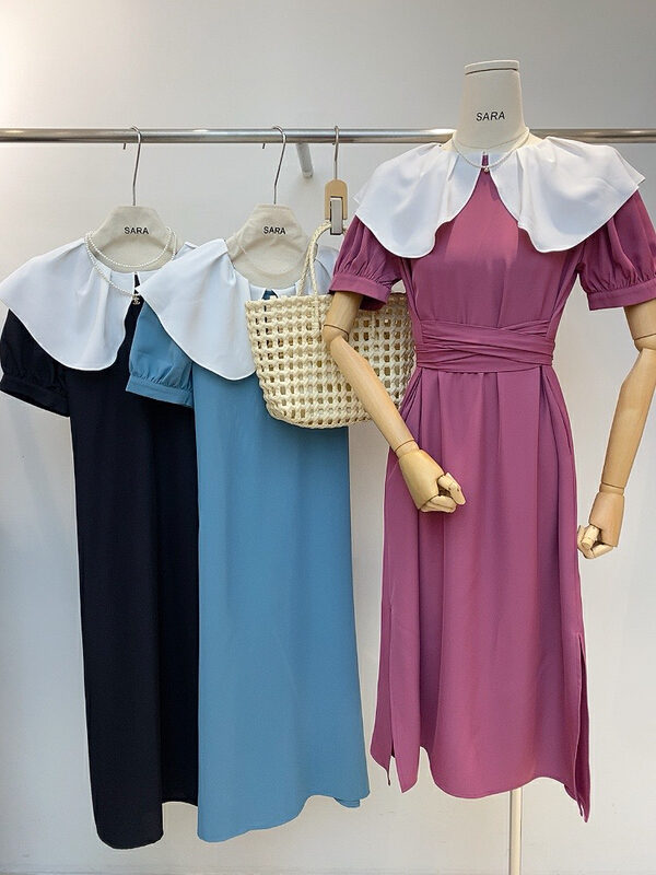 goods in stock! New in early summer! [Sara] French contrast large lapel bandage dress 90016# lwy